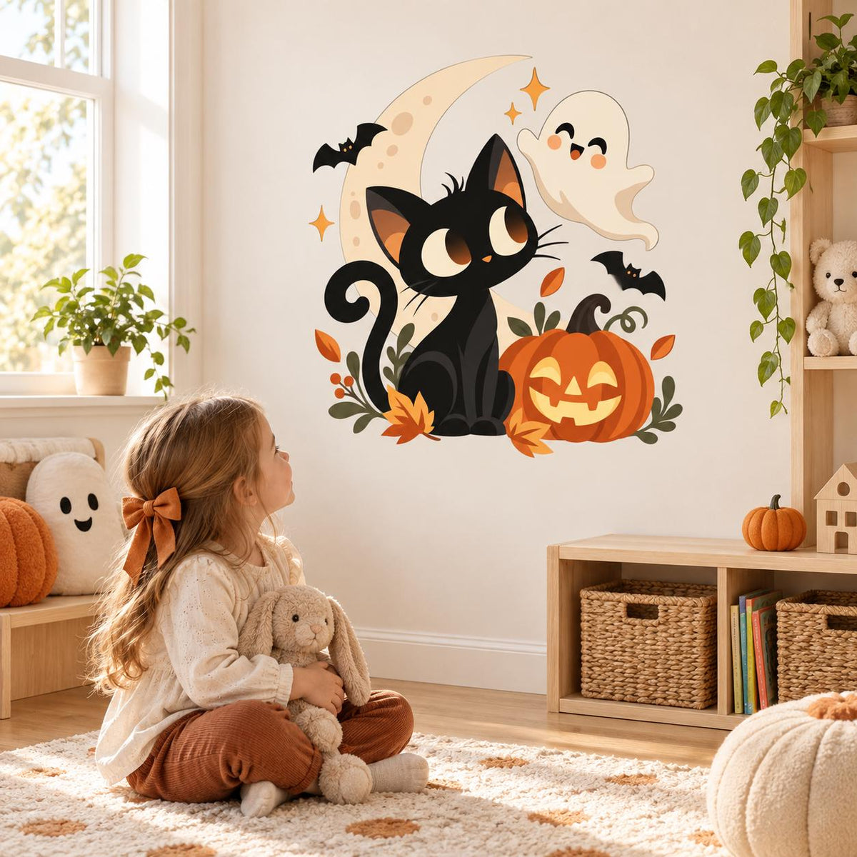 Halloween Black Cat and Pumpkin Wall Decal | Cute Ghost Moon Bat Vinyl Sticker | Kids Room Nursery Classroom Decor | Cozy Autumn Wall Art