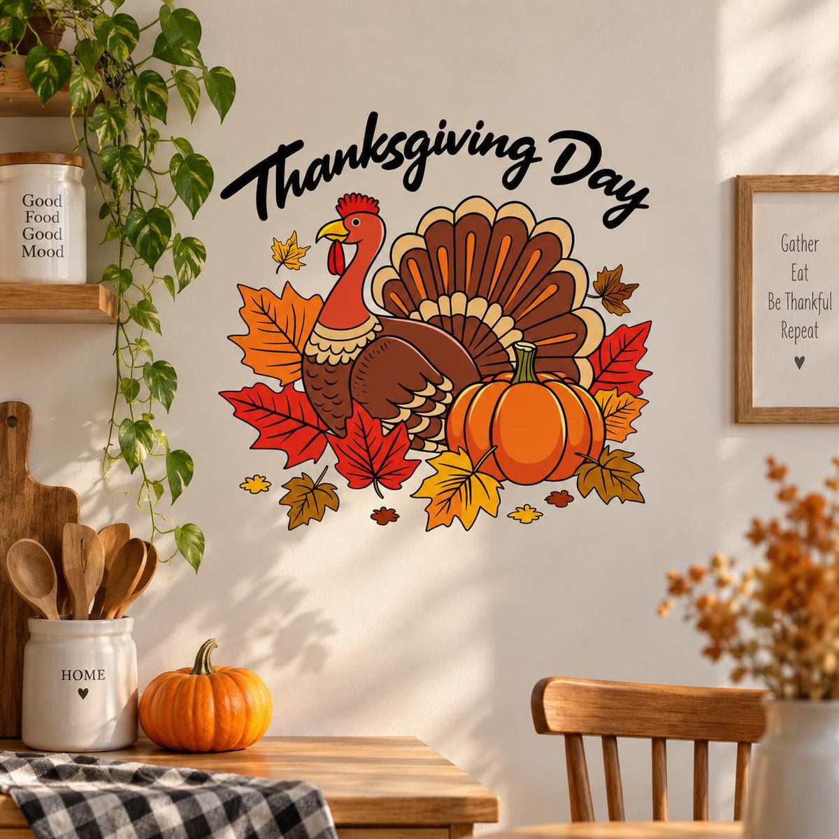 Thanksgiving Turkey and Pumpkin Wall Decal | Fall Leaves Vinyl Wall Sticker | Autumn Kitchen and Dining Room Decor | Harvest Party Decor