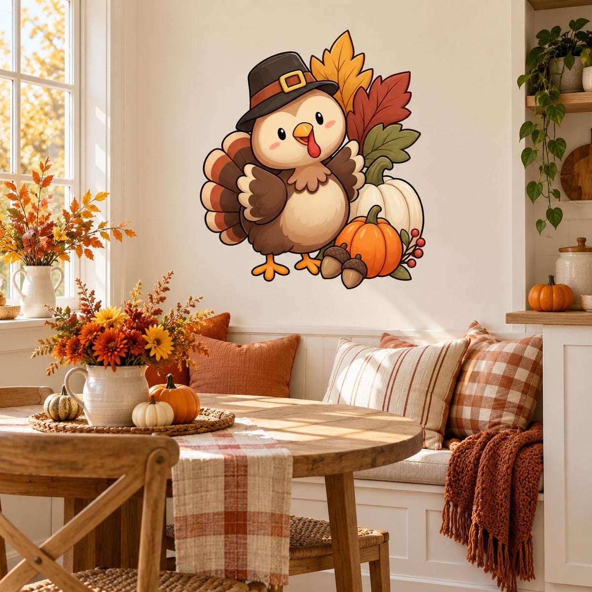 Cute Thanksgiving Turkey Wall Decal | Fall Harvest Pumpkin Vinyl Wall Sticker | Cartoon Classroom and Kids Room Decor | Autumn Decoration
