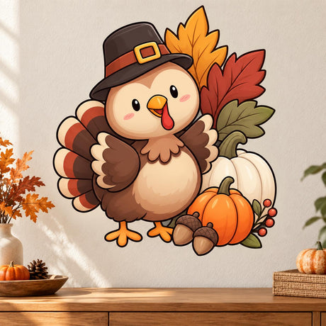Cute brown turkey wall decal with a pilgrim-style hat, orange and ivory pumpkins, acorns, berries and layered fall leaves.