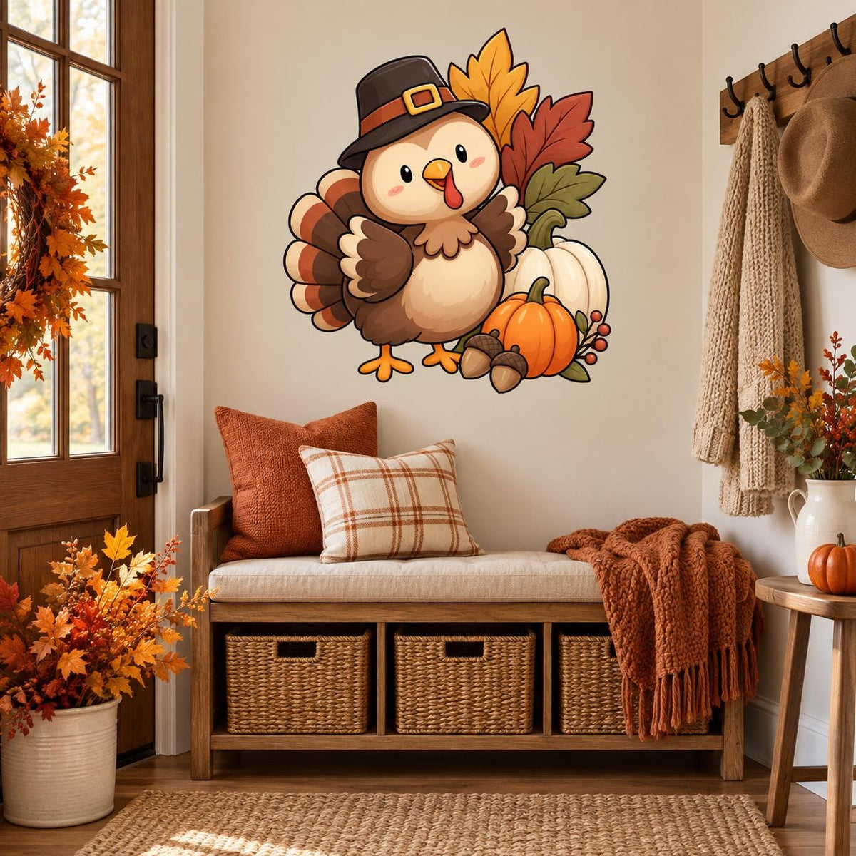 Cute Thanksgiving Turkey Wall Decal | Fall Harvest Pumpkin Vinyl Wall Sticker | Cartoon Classroom and Kids Room Decor | Autumn Decoration