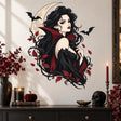 Gothic vampire woman holding a crimson rose, framed by a pale moon, black bats, burgundy leaves and curling thorn vines.
