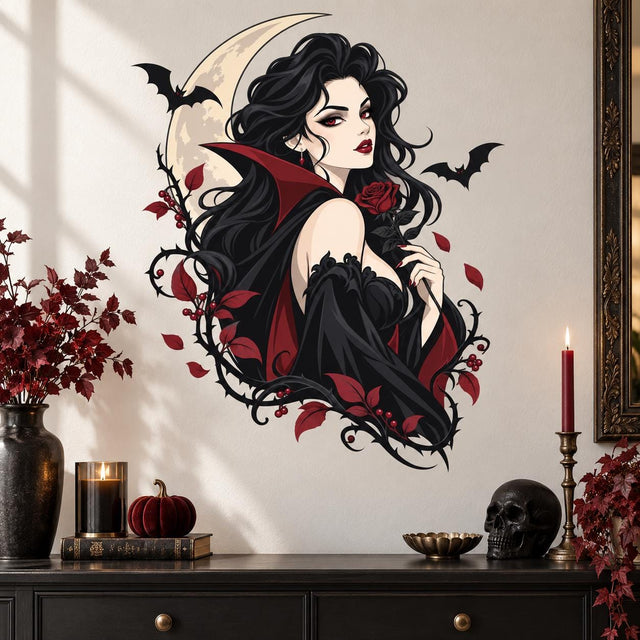 Gothic vampire woman holding a crimson rose, framed by a pale moon, black bats, burgundy leaves and curling thorn vines.