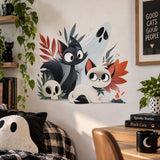 Cute Halloween Cat Wall Decal | Black and White Cats with Ghost | Whimsical Spooky Wall Decor | Vinyl Wall Sticker | Cat Lover Room Decor