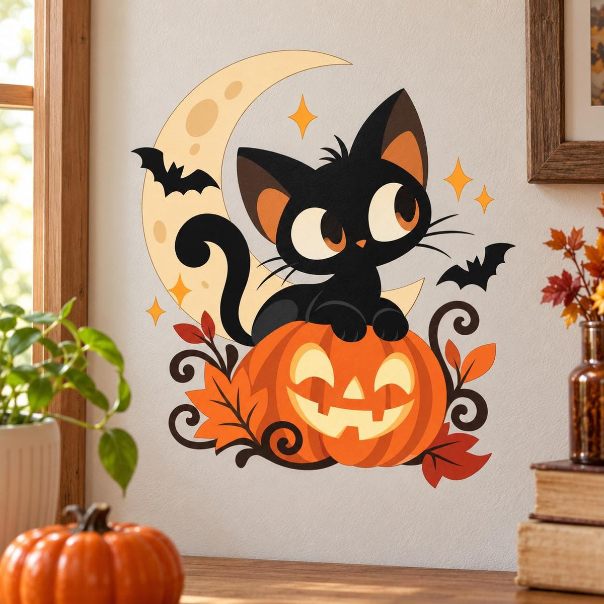 Wide-eyed black cat perched on a smiling orange pumpkin, with a pale crescent moon, small bats, rust leaves and vines.