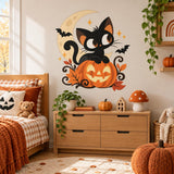 Black Cat Pumpkin Halloween Wall Decal | Cute Jack O Lantern Moon Vinyl Wall Sticker | Fall Home Wall Decor | Kid Friendly Party Decoration