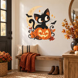 Black Cat Pumpkin Halloween Wall Decal | Cute Jack O Lantern Moon Vinyl Wall Sticker | Fall Home Wall Decor | Kid Friendly Party Decoration