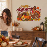 Happy Thanksgiving Wall Decal with Turkey and Cornucopia | Fall Harvest Vinyl Wall Decor | Classroom Kitchen Dining Room Decor Party Decor
