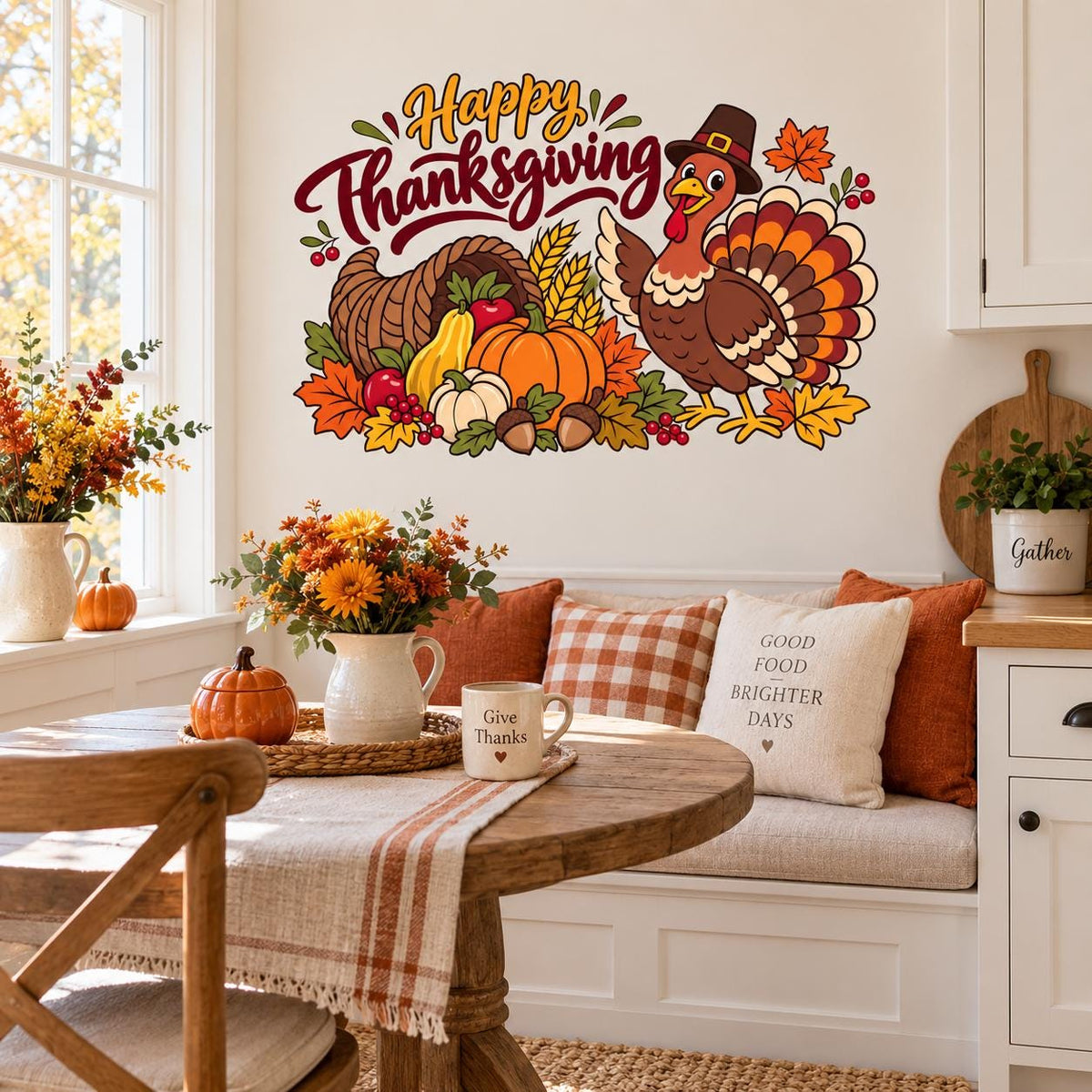 Happy Thanksgiving Wall Decal with Turkey and Cornucopia | Fall Harvest Vinyl Wall Decor | Classroom Kitchen Dining Room Decor Party Decor