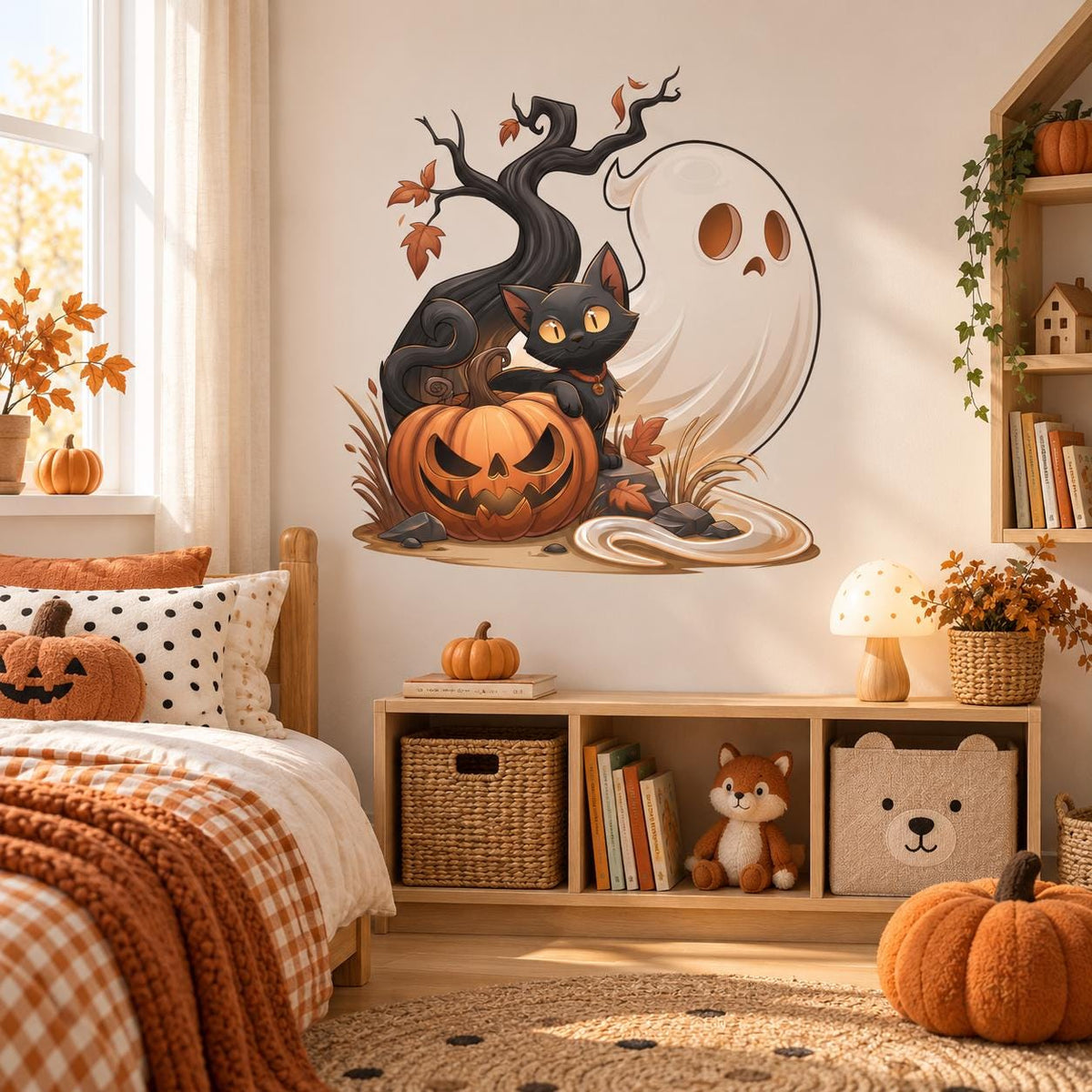 Black Cat Ghost Pumpkin Halloween Wall Decal | Whimsical Haunted Tree Vinyl Wall Sticker | Cute Kids Room Seasonal Decor | Autumn Wall Art