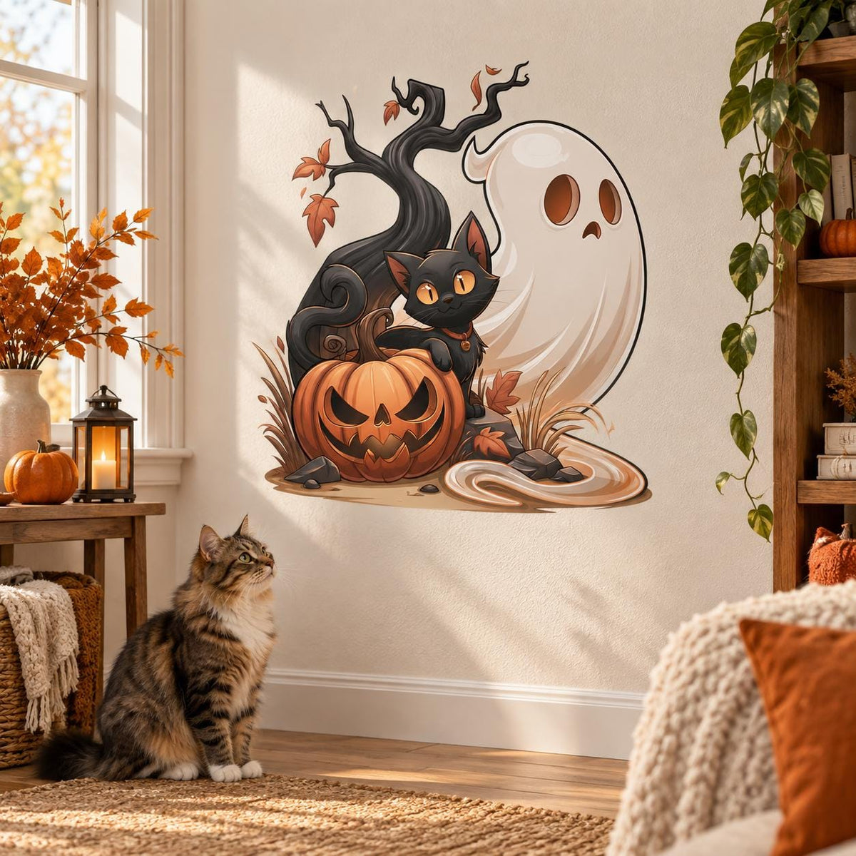 Black Cat Ghost Pumpkin Halloween Wall Decal | Whimsical Haunted Tree Vinyl Wall Sticker | Cute Kids Room Seasonal Decor | Autumn Wall Art