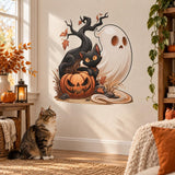 Black Cat Ghost Pumpkin Halloween Wall Decal | Whimsical Haunted Tree Vinyl Wall Sticker | Cute Kids Room Seasonal Decor | Autumn Wall Art