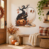 Black Cat Ghost Pumpkin Halloween Wall Decal | Whimsical Haunted Tree Vinyl Wall Sticker | Cute Kids Room Seasonal Decor | Autumn Wall Art