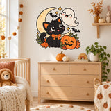 Black Cat Halloween Wall Decal with Pumpkin | Cute Kawaii Ghost Vinyl Sticker | Kids Room Classroom Decor | Cute Spooky Autumn Wall Decor