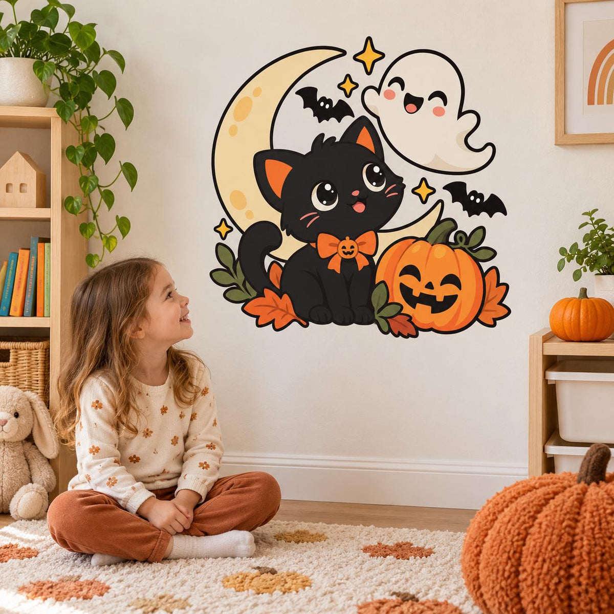 Black Cat Halloween Wall Decal with Pumpkin | Cute Kawaii Ghost Vinyl Sticker | Kids Room Classroom Decor | Cute Spooky Autumn Wall Decor