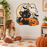 Black Cat Halloween Wall Decal with Pumpkin | Cute Kawaii Ghost Vinyl Sticker | Kids Room Classroom Decor | Cute Spooky Autumn Wall Decor