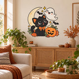 Black Cat Halloween Wall Decal with Pumpkin | Cute Kawaii Ghost Vinyl Sticker | Kids Room Classroom Decor | Cute Spooky Autumn Wall Decor