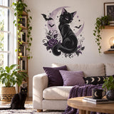 Black Cat Moon Wall Decal | Gothic Witchy Bedroom Decor | Celestial Bat and Dark Floral Vinyl Wall Sticker | Purple Gothic Room Wall Decor
