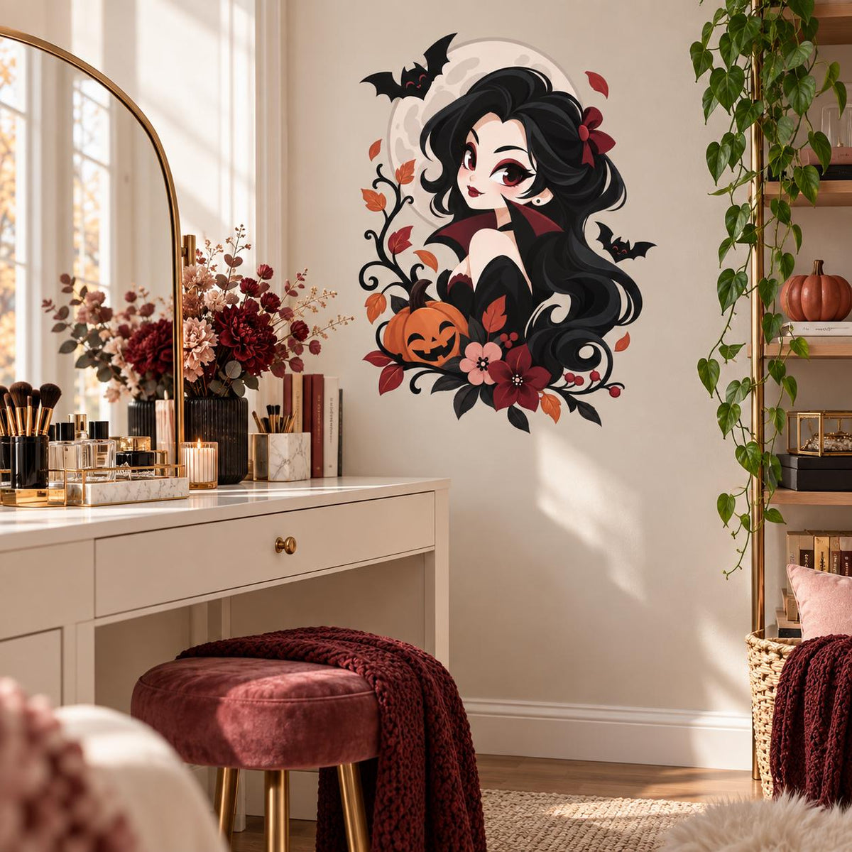 Cute Vampire Girl Wall Decal | Kawaii Halloween Vinyl Wall Sticker | Gothic Pumpkin Bat Moon Bedroom Wall Decor | Anime Style Wall Art Decor