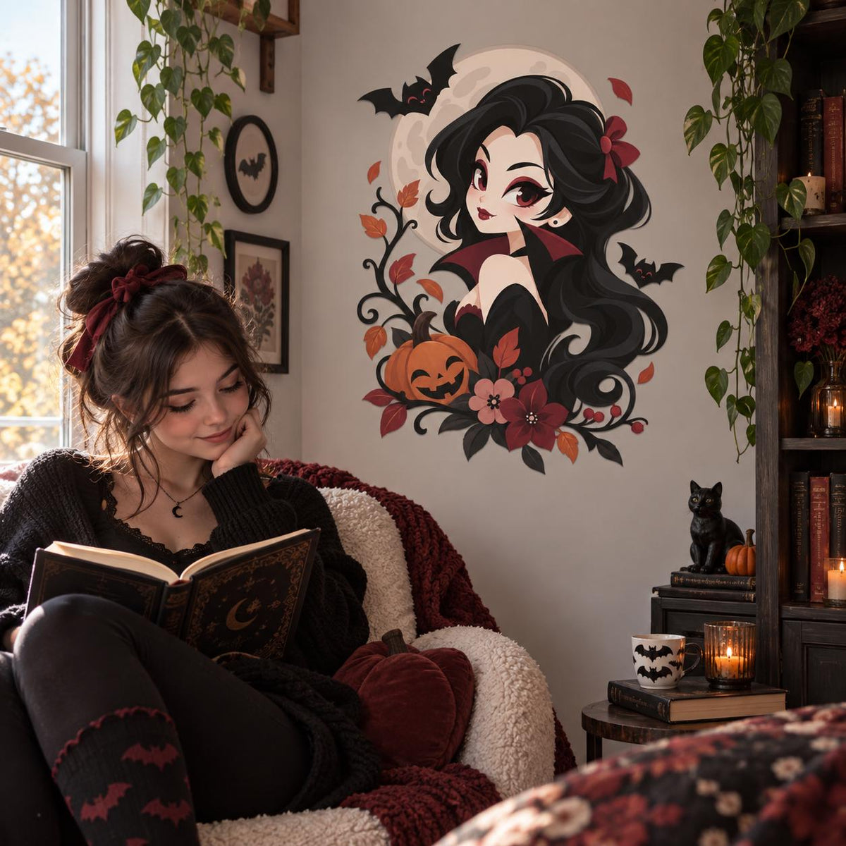 Cute Vampire Girl Wall Decal | Kawaii Halloween Vinyl Wall Sticker | Gothic Pumpkin Bat Moon Bedroom Wall Decor | Anime Style Wall Art Decor