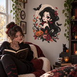 Cute Vampire Girl Wall Decal | Kawaii Halloween Vinyl Wall Sticker | Gothic Pumpkin Bat Moon Bedroom Wall Decor | Anime Style Wall Art Decor