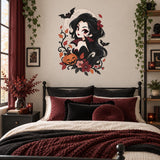 Cute Vampire Girl Wall Decal | Kawaii Halloween Vinyl Wall Sticker | Gothic Pumpkin Bat Moon Bedroom Wall Decor | Anime Style Wall Art Decor