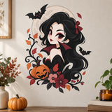 Cute vampire girl with black hair and burgundy eyes, framed by a pale moon, smiling bats, pumpkin and autumn flowers.