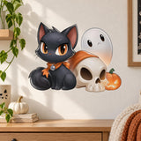 Black cat wearing an orange scarf-like collar beside a cream skull and orange pumpkin, with a friendly white ghost.