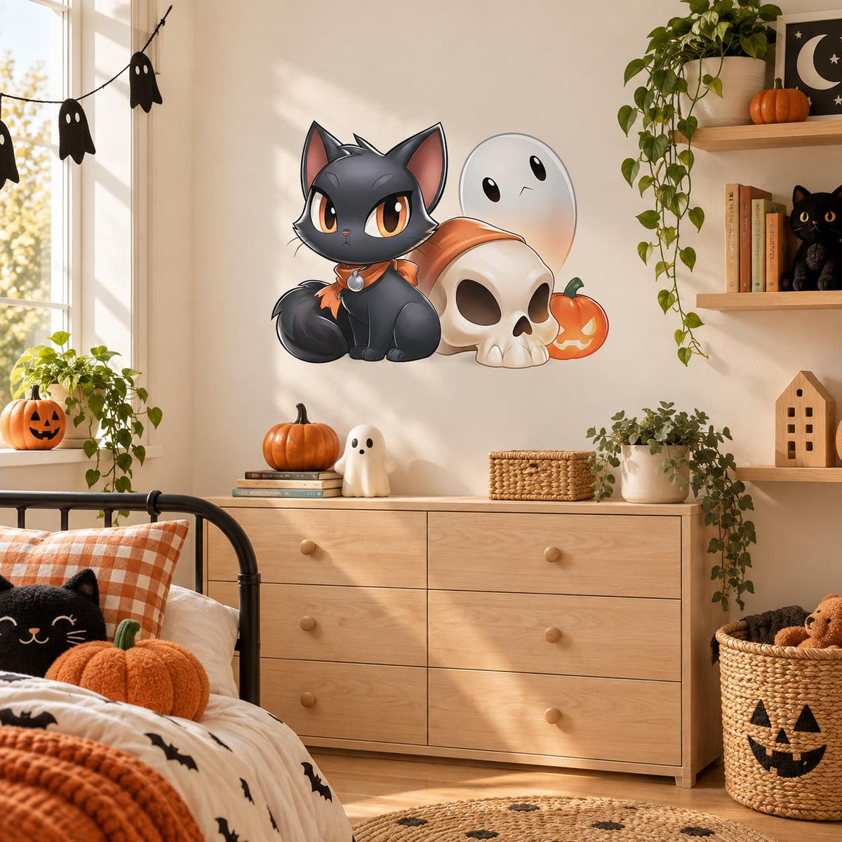 Cute Black Cat Halloween Wall Decal | Ghost Pumpkin Skull Vinyl Sticker | Kawaii Kids Room Decor | Cute Spooky Halloween Wall Art Decor