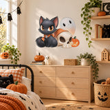 Cute Black Cat Halloween Wall Decal | Ghost Pumpkin Skull Vinyl Sticker | Kawaii Kids Room Decor | Cute Spooky Halloween Wall Art Decor