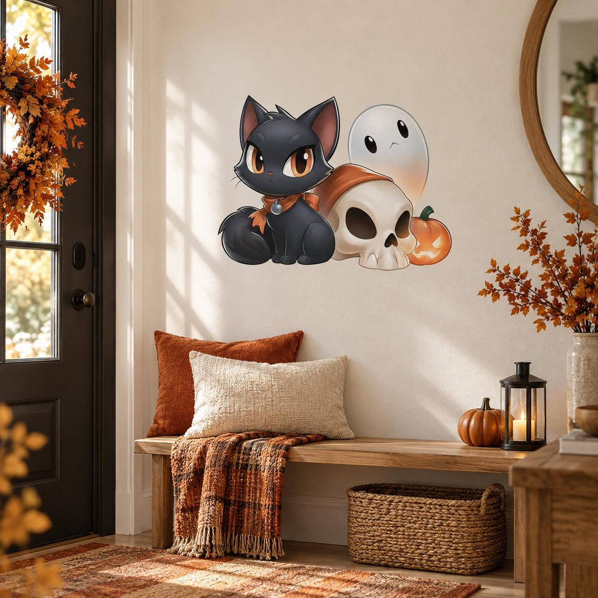 Cute Black Cat Halloween Wall Decal | Ghost Pumpkin Skull Vinyl Sticker | Kawaii Kids Room Decor | Cute Spooky Halloween Wall Art Decor