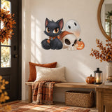 Cute Black Cat Halloween Wall Decal | Ghost Pumpkin Skull Vinyl Sticker | Kawaii Kids Room Decor | Cute Spooky Halloween Wall Art Decor
