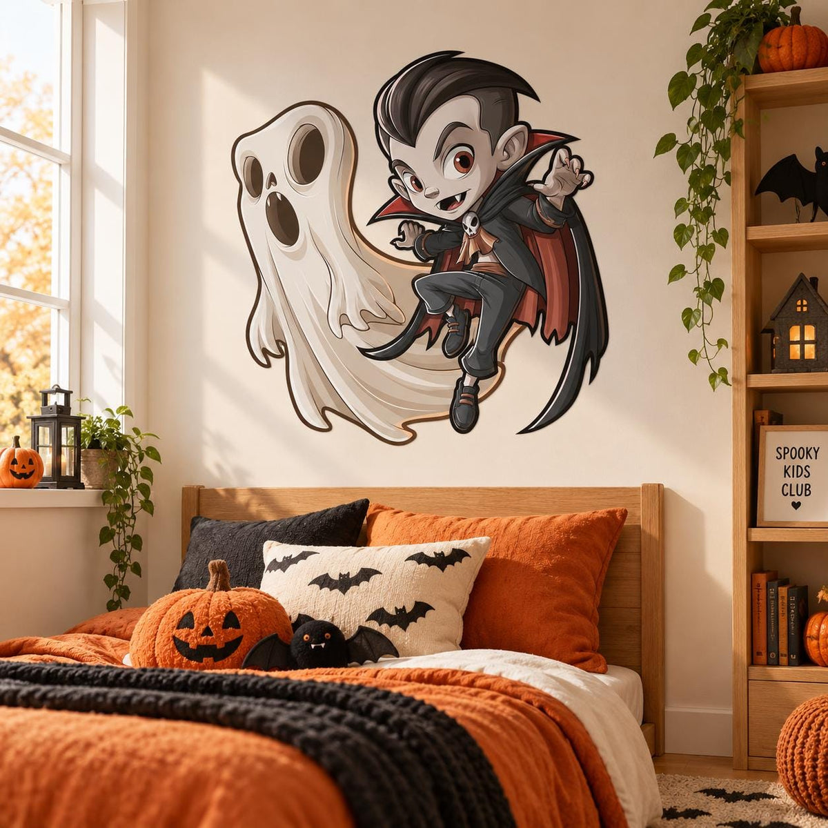Cartoon Vampire and Ghost Wall Decal | Kids Halloween Bedroom Decor | Vinyl Wall Sticker | Playroom Spooky Wall Decoration | Ghost Decor