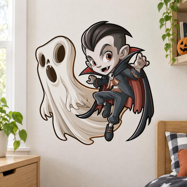 Smiling cartoon vampire with black hair and a red-lined cape floating beside a large cream-colored ghost.
