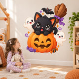 Cute Halloween Cat Pumpkin Wall Decal | Kawaii Ghost and Bat Vinyl Sticker | Kids Room Nursery Decor | Cartoon Jack O Lantern Wall Art Decor
