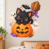 Kawaii black cat inside an orange pumpkin, with two white ghosts, a bat, candy, stars and a broom with a purple bow.