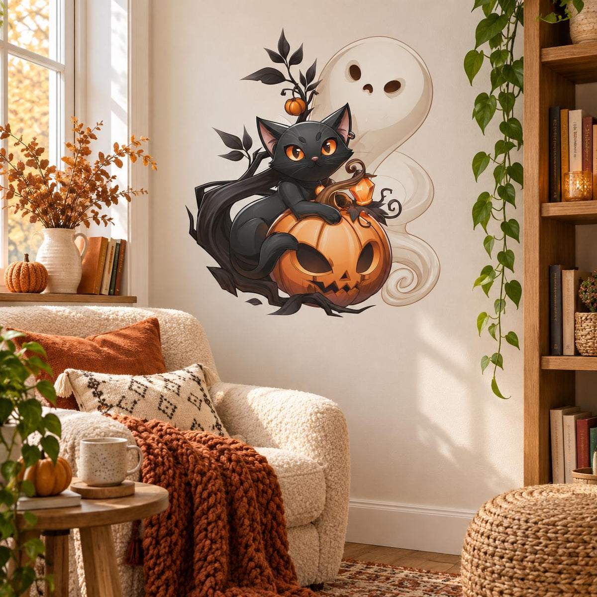 Black Cat Pumpkin Ghost Halloween Wall Decal | Cute Spooky Vinyl Wall Sticker | Fall Home Decor | Kids Room Party Decoration | Ghost Decor