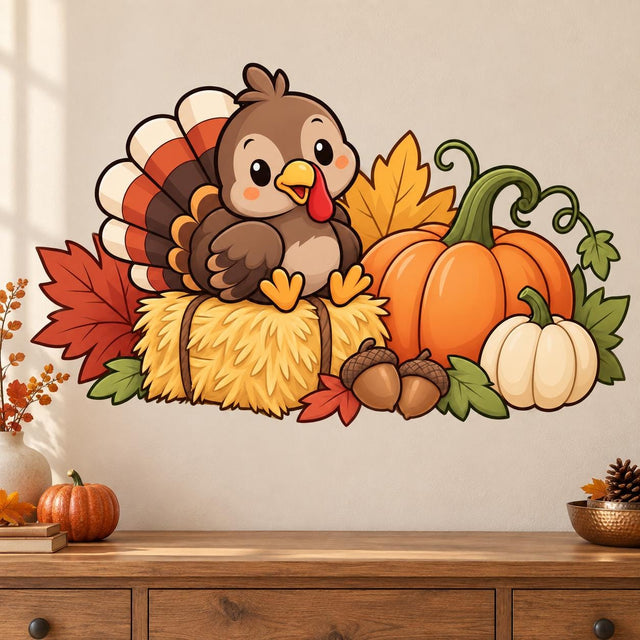 Smiling brown turkey on a golden straw bale, surrounded by orange pumpkins, acorns, green vines and fall leaves.