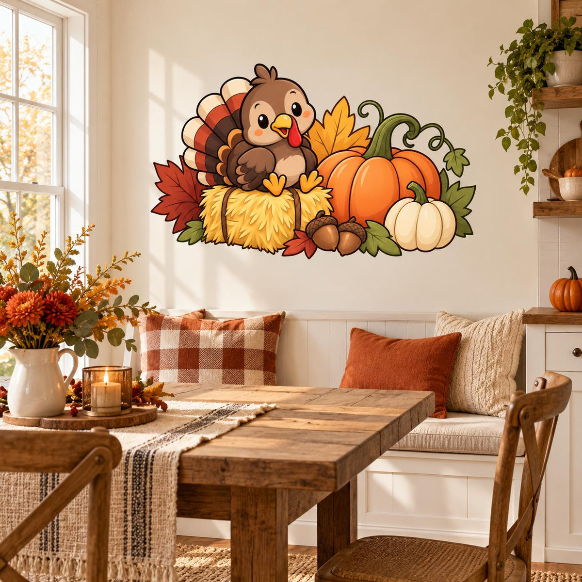 Cute Turkey Pumpkin Wall Decal | Thanksgiving Vinyl Wall Sticker | Fall Harvest Decor | Cartoon Autumn Decor | Kids Classroom Wall Decor