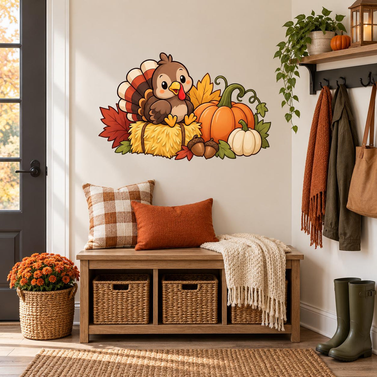 Cute Turkey Pumpkin Wall Decal | Thanksgiving Vinyl Wall Sticker | Fall Harvest Decor | Cartoon Autumn Decor | Kids Classroom Wall Decor