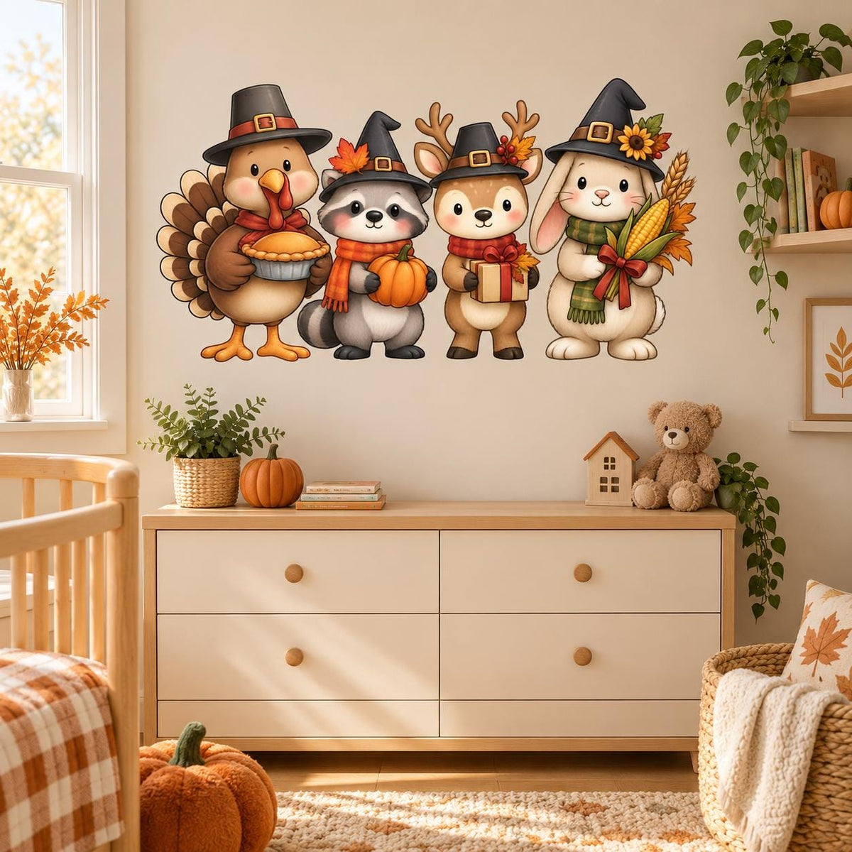Thanksgiving Woodland Animal Wall Decal | Cute Turkey Raccoon Deer Bunny Decor | Fall Harvest Vinyl Wall Sticker | Kids Room Classroom Decor