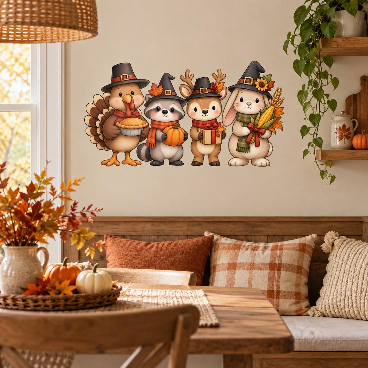 Thanksgiving Woodland Animal Wall Decal | Cute Turkey Raccoon Deer Bunny Decor | Fall Harvest Vinyl Wall Sticker | Kids Room Classroom Decor