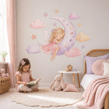 Sleeping Fairy Moon Wall Decal | Watercolor Fairy Wall Sticker | Girls Nursery Decor | Crescent Moon Wall Art | Kids Bedroom Wall Decoration