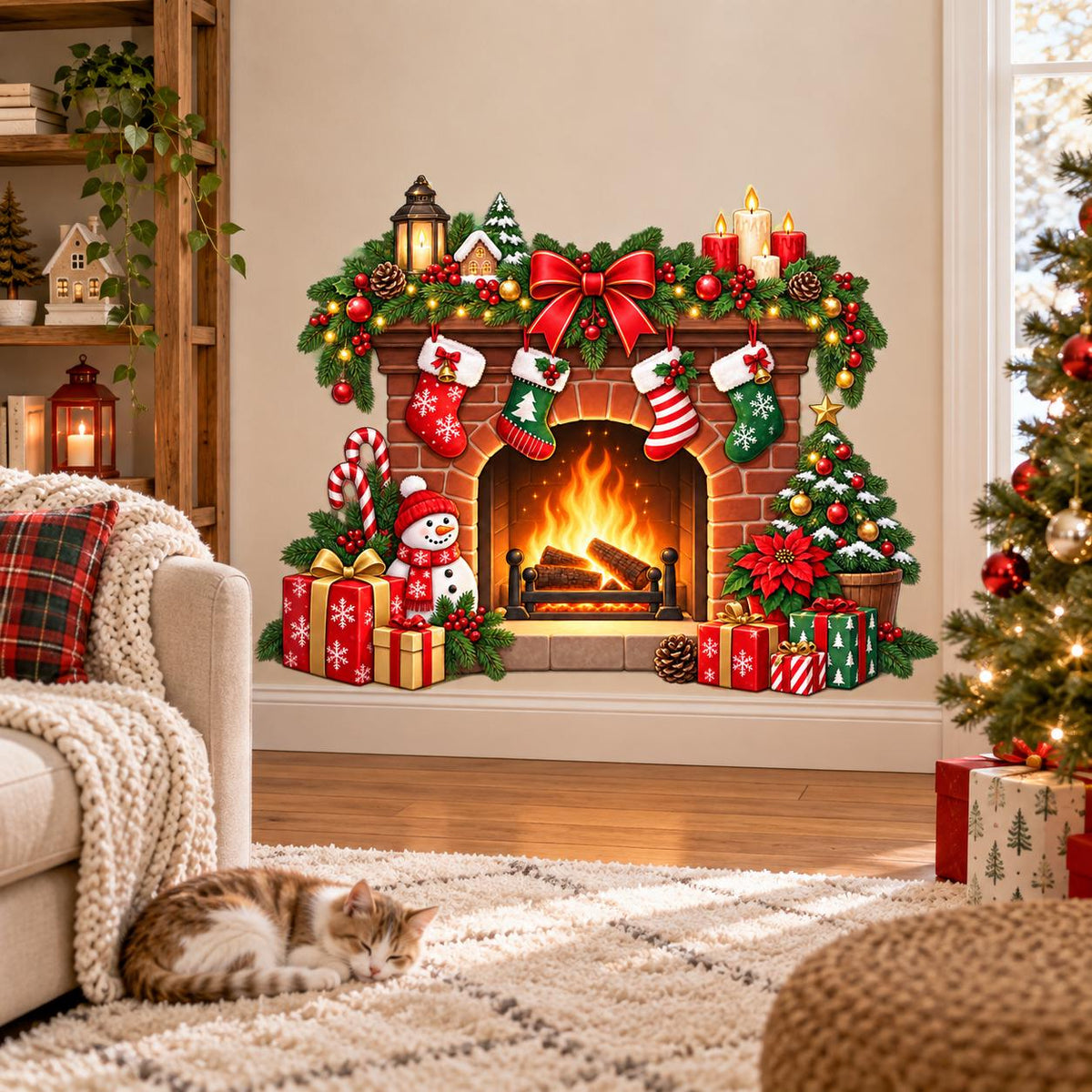 Christmas Fireplace Wall Decal | Holiday Mantel Wall Sticker | Stockings & Gifts Decor | Cozy Xmas Living Room Wall Art | Fireplace Wall Art