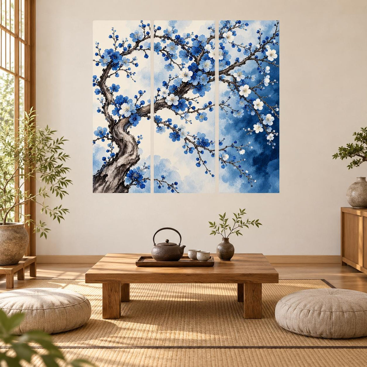 Blue Blossom Tree Wall Decal | Floral Branch Wall Sticker | Blue Blossom Triptych Decor | Botanical Bedroom Wall Art | Elegant Floral Design