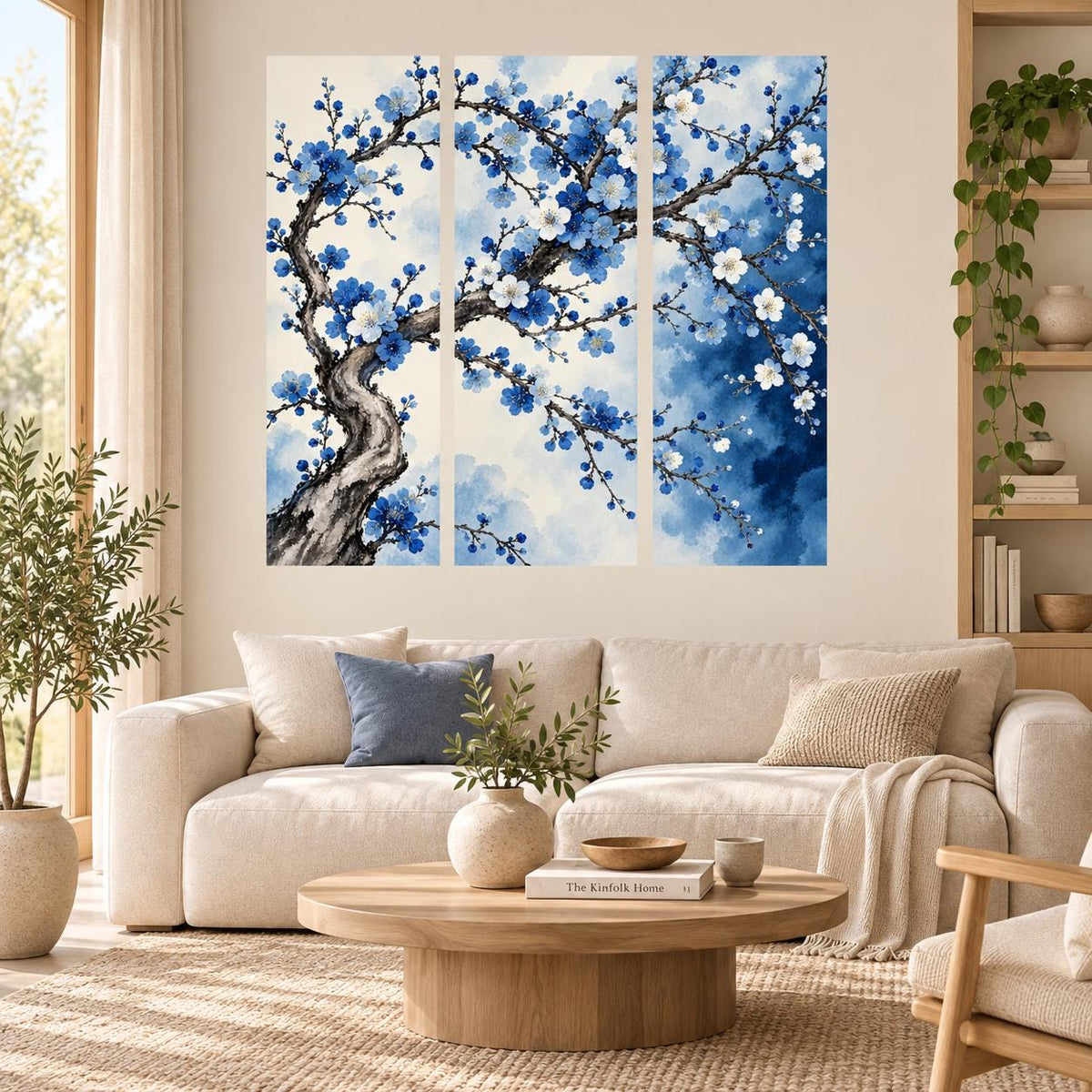Blue Blossom Tree Wall Decal | Floral Branch Wall Sticker | Blue Blossom Triptych Decor | Botanical Bedroom Wall Art | Elegant Floral Design