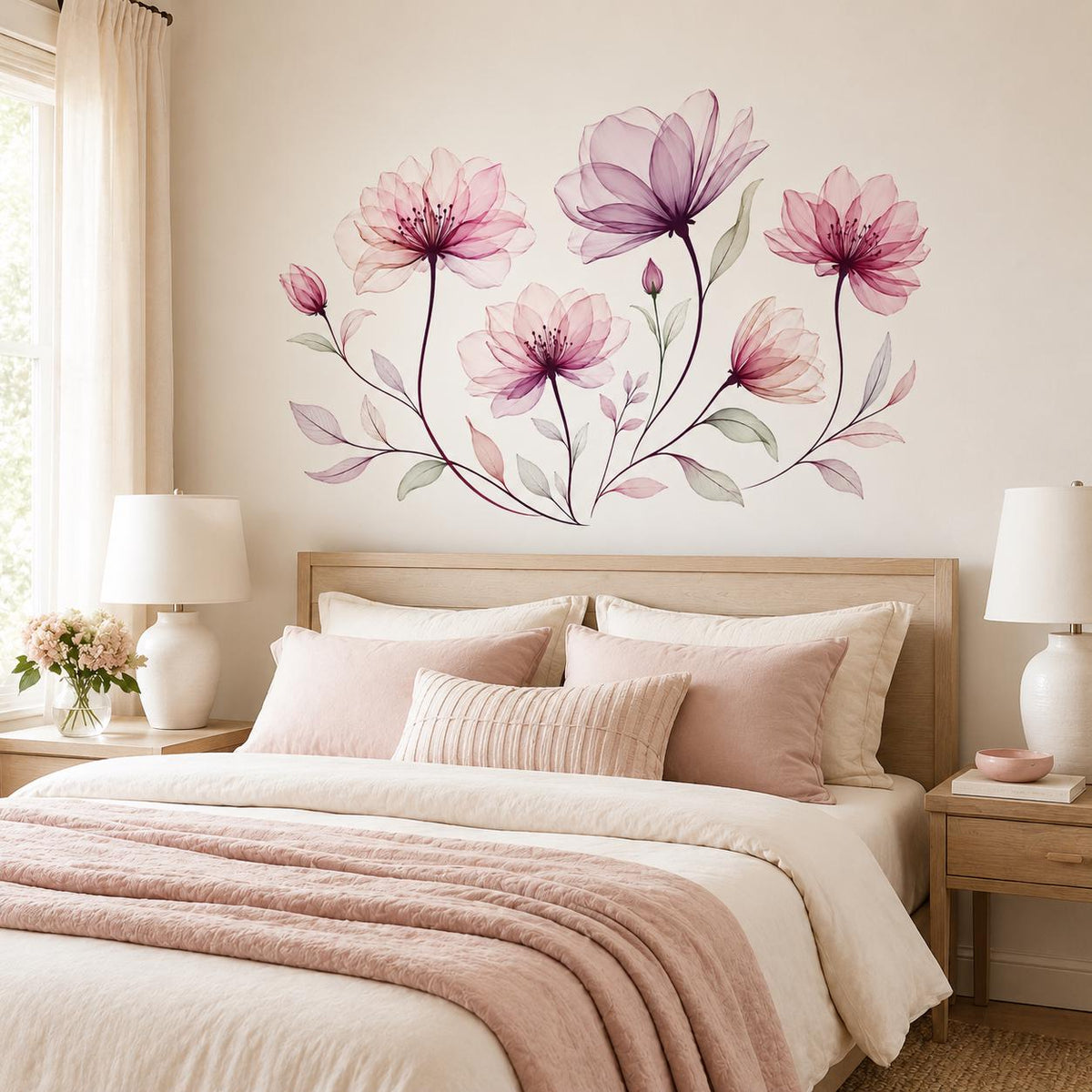 Pink Floral Wall Decal | Blush Flower Wall Sticker | Transparent Petal Wall Art | Romantic Bedroom Decor | Elegant Botanical Wall Decoration