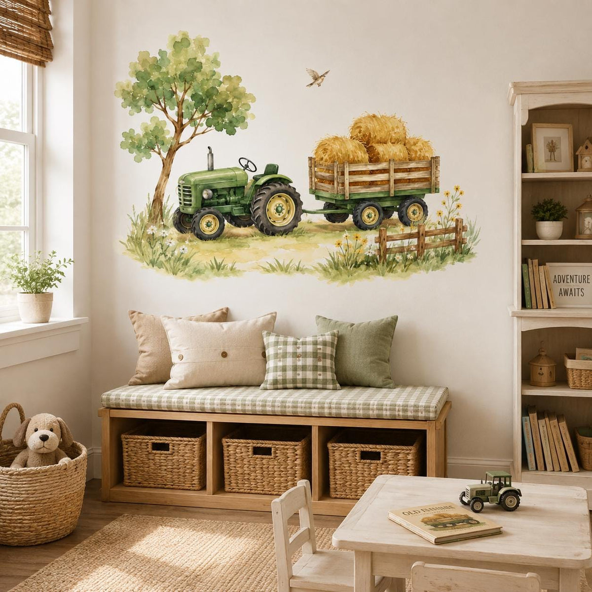 Watercolor Tractor and Hay Bale Wall Decal | Farm Nursery Decor | Rustic Kids Room Vinyl Sticker | Country Playroom Decor | Farm Wall Mural