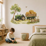 Watercolor Tractor and Hay Bale Wall Decal | Farm Nursery Decor | Rustic Kids Room Vinyl Sticker | Country Playroom Decor | Farm Wall Mural