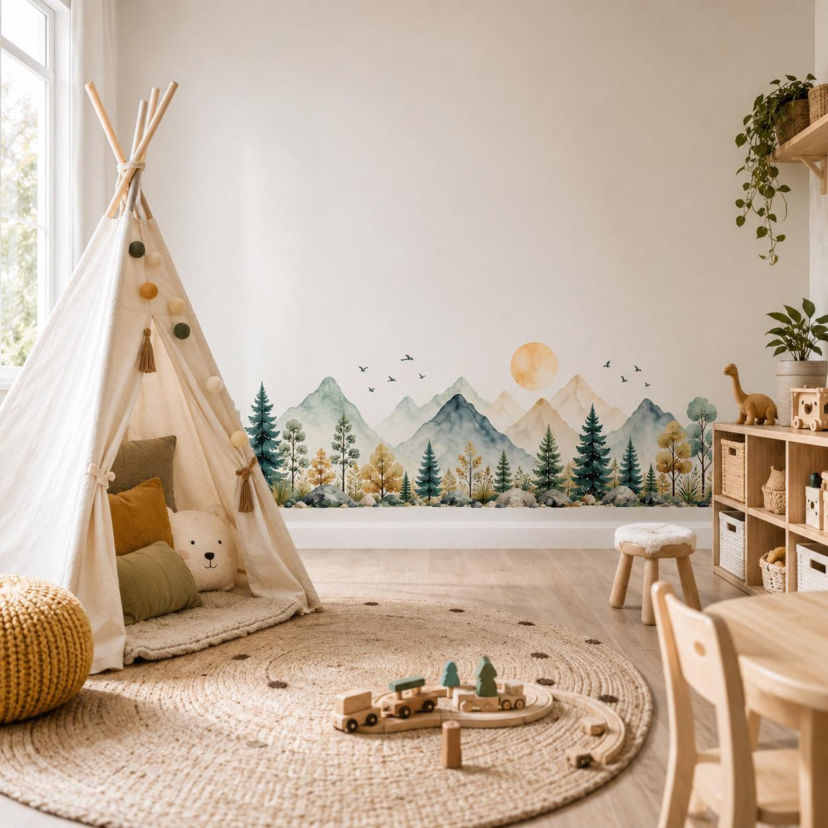 Watercolor Mountain Wall Decal | Forest Landscape Vinyl Wall Sticker | Woodland Nursery Decor | Kids Room Mountain Mural | Forest Border